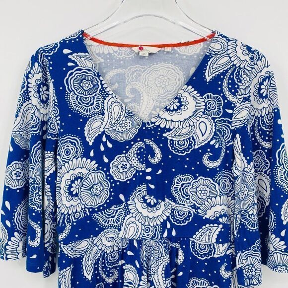 Boden Size 2 Blue & White Paisley Floral Print V Neck Bell Sleeve Knit Top - Picture 2 of 9